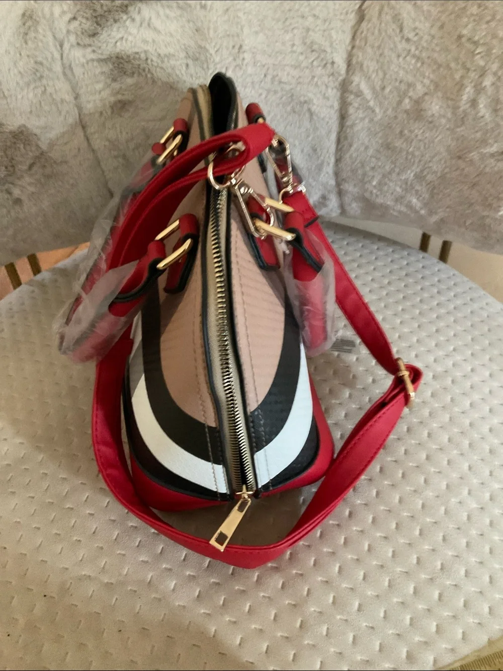 New Multi-Color block Women’s Satchel Bag with Red Accents